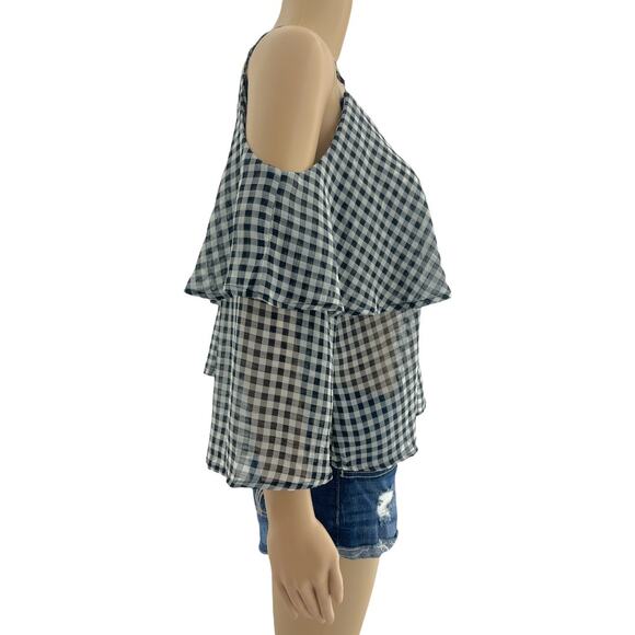 Ten Sixty Sherman LARGE Black White Sheer Gingham Plaid Cold Shoulder Top - Picture 3 of 5